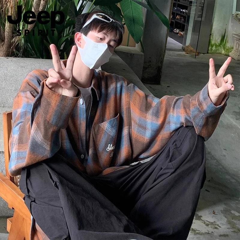 JEEPSPIRIT长袖格子衬衫男春秋新款美式复古潮牌衬衣宽松休闲外套