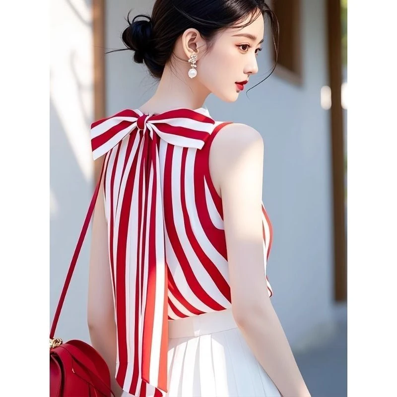 韩系chic红色条纹无袖衬衫女夏季洋气高端别致漂亮蝴蝶结绑带上衣