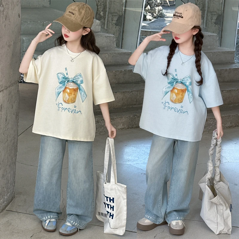 女童夏季t恤套装2025新款洋气大童夏装薄款牛仔裤印花短袖两件套