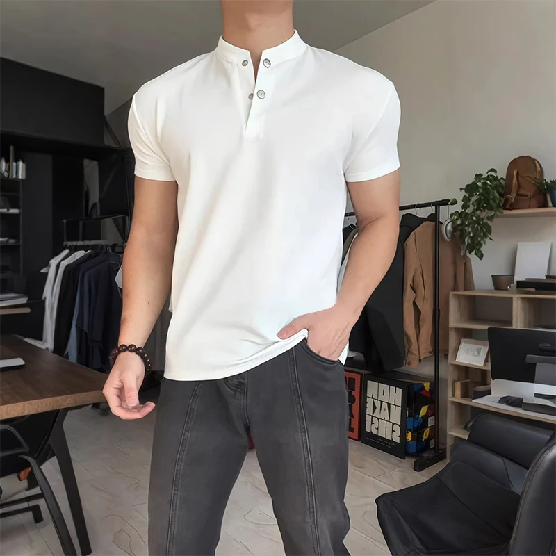 亨利领短袖男夏季重磅纯棉t恤大码300斤肌肉男健身时尚半袖上衣潮