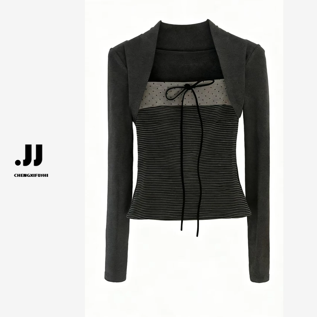 H1908【江江自制】韩系撞色蝴蝶结系带波点元素坎肩假两件上衣T恤女