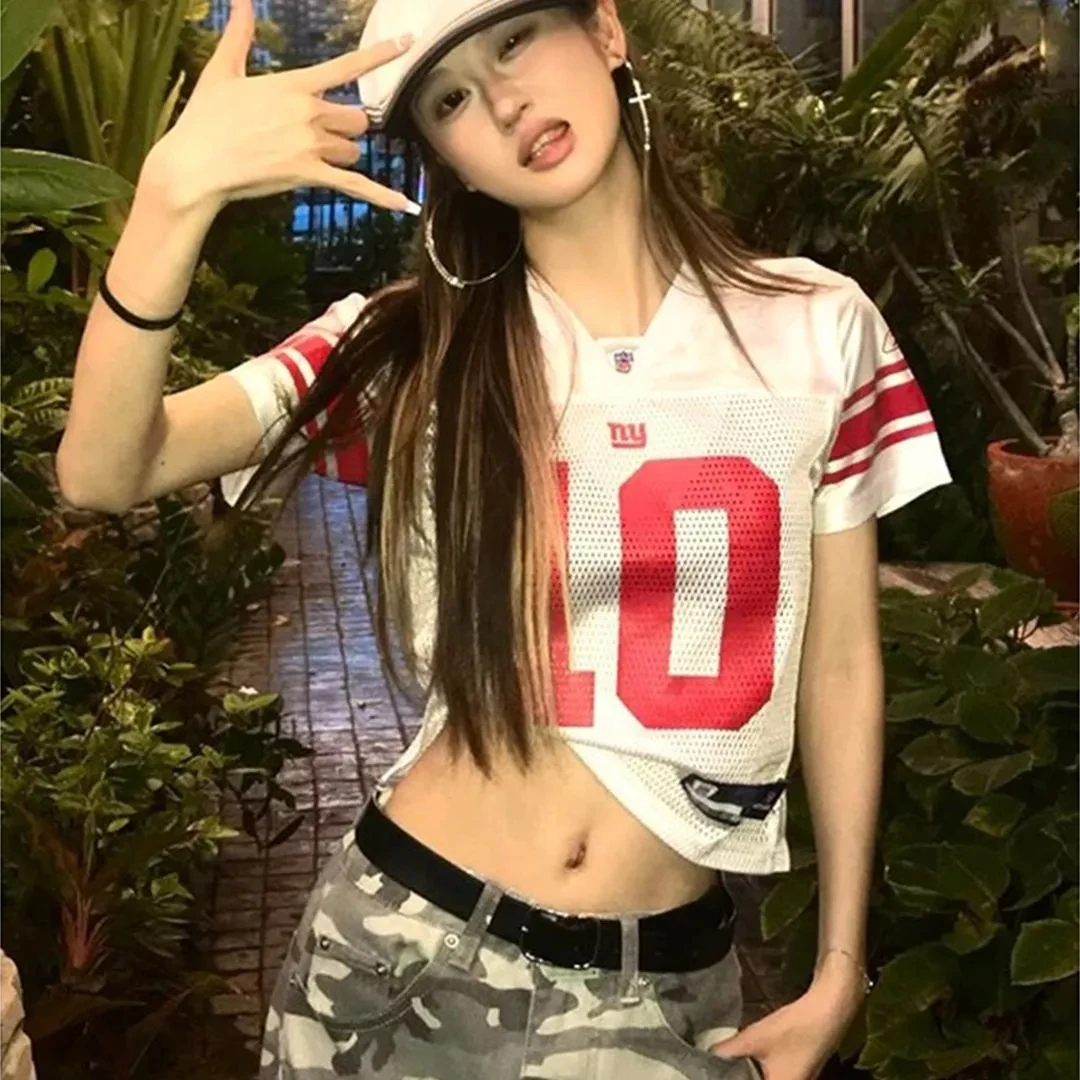 美式辣妹短袖印花夏季新款T恤复古球衣街头修身显瘦短款运动上衣