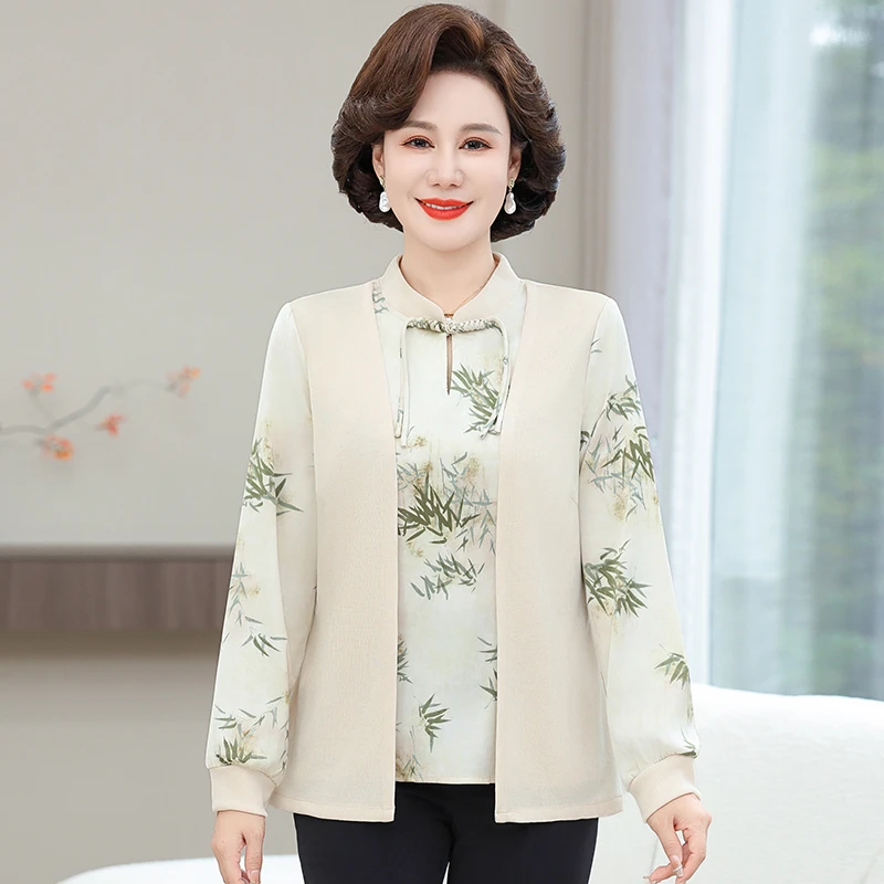 妈妈中年女装新款中式春秋洋气假两件T恤中老年长袖上衣时尚小衫