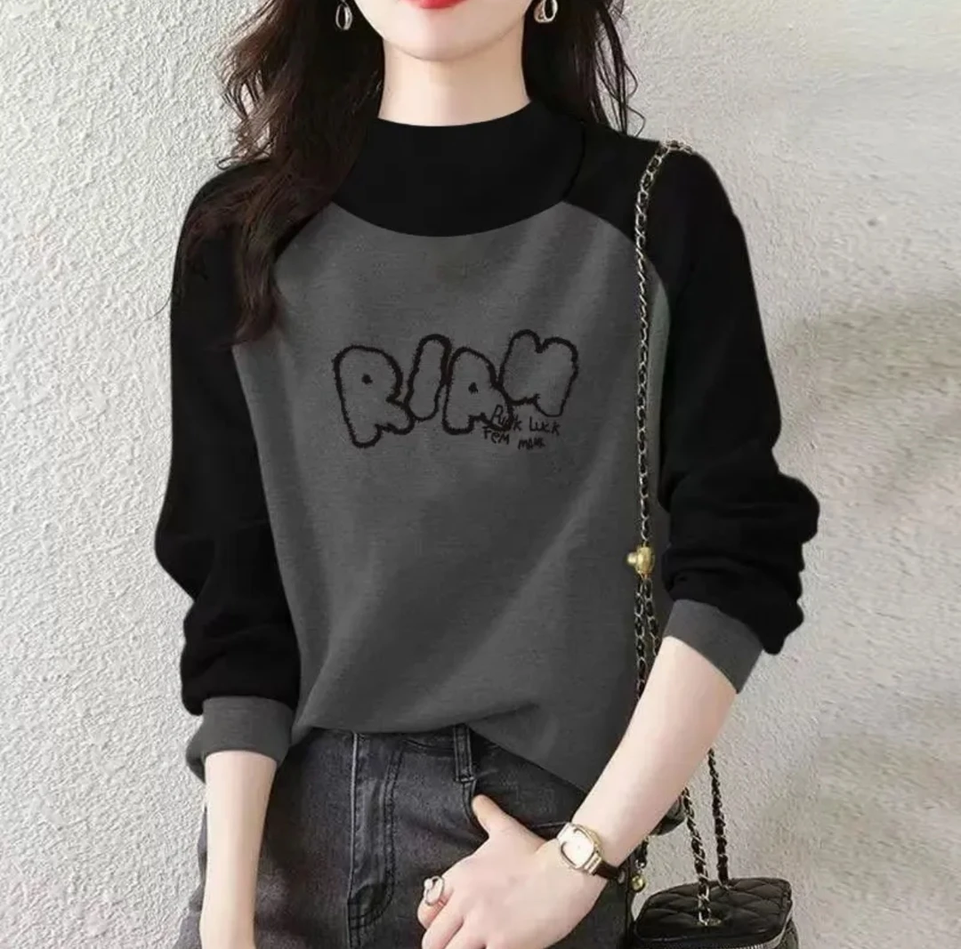 内搭t恤女时尚打底衫秋冬长袖宽松遮肉百搭插肩袖半高领保暖上衣