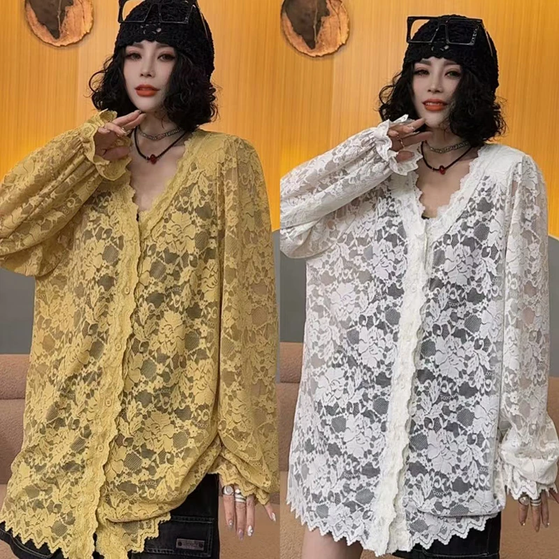 高级感V领蕾丝钩花衬衫女2025春秋气质镂空内搭上衣衬衫-98381