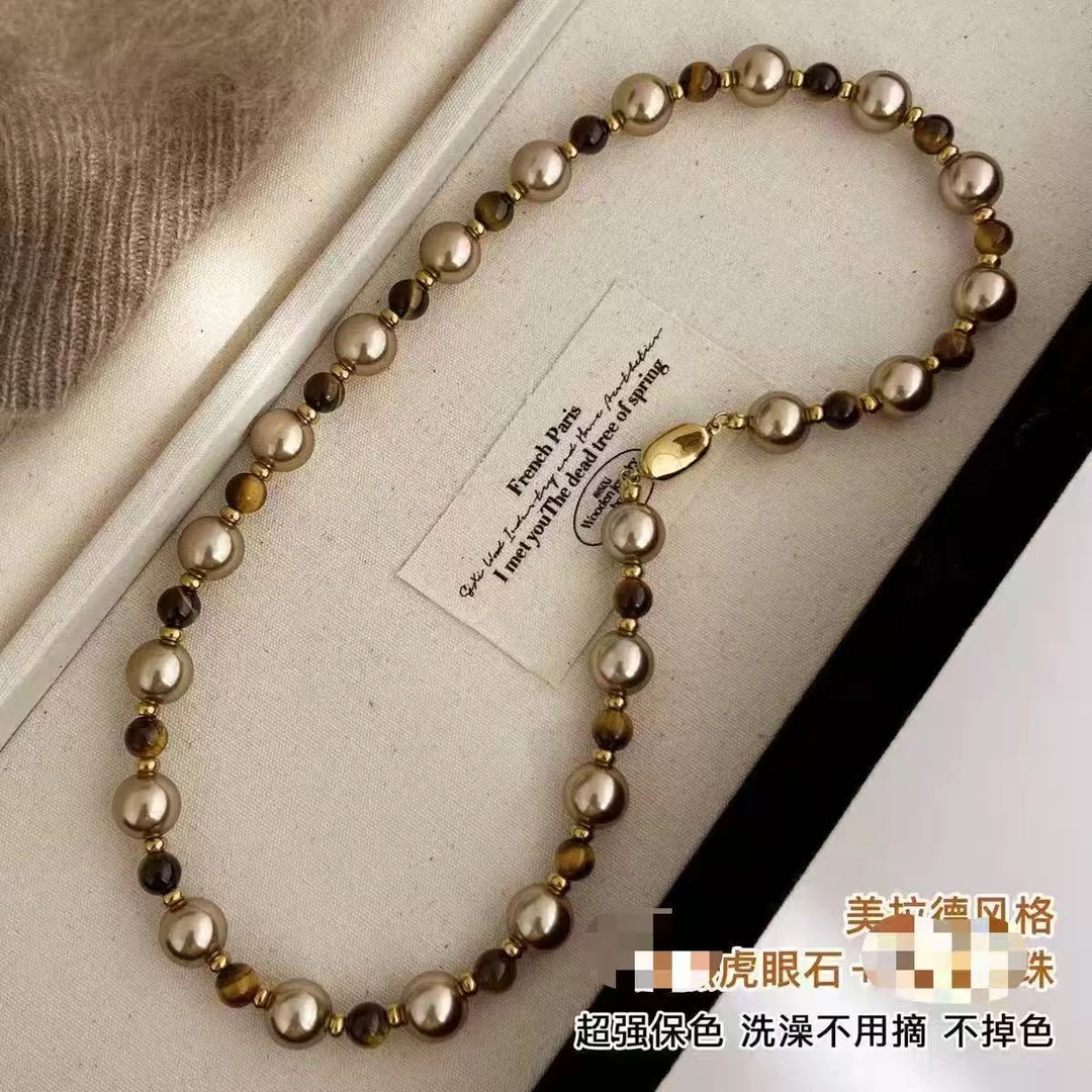 黄铜耳饰 虎眼石项链毛衣链串珠锁骨链金棕珠珠混彩美拉德颈链女