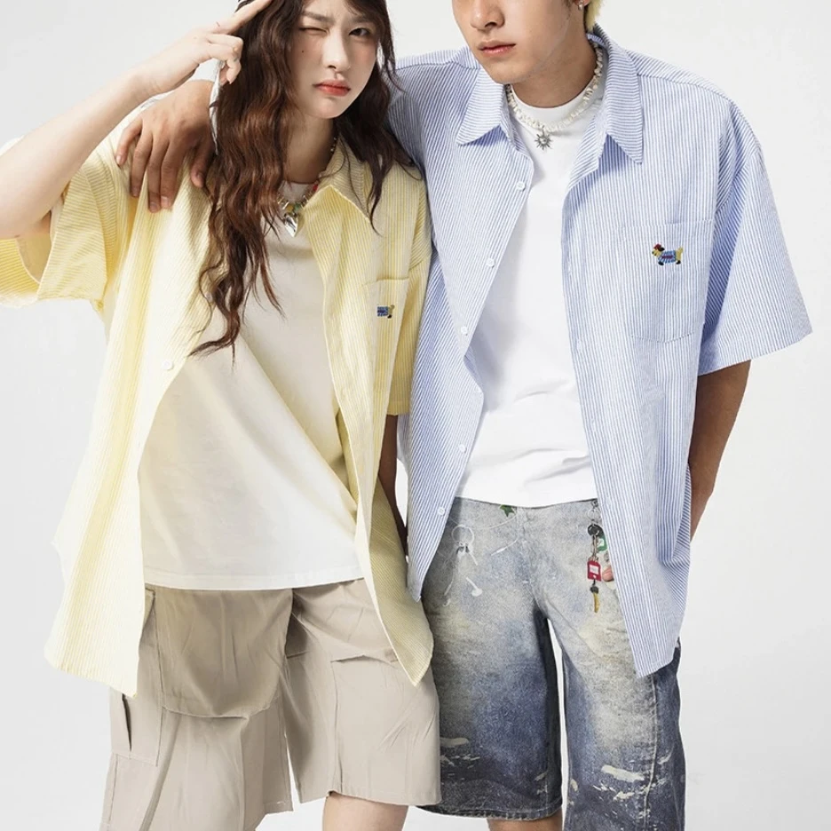 腊肠狗蓝白竖条纹刺绣短袖衬衫男女夏薄款