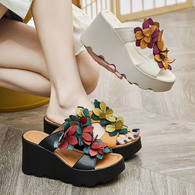 新中式气质软底女士拖鞋2025新款夏季一字凉拖外穿真皮高跟妈妈鞋