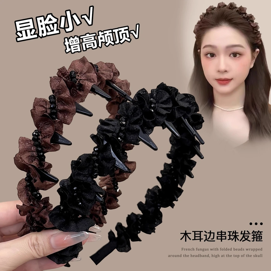黑色褶皱发箍女日常外戴2025新款高颅顶百搭发卡带齿防滑洗脸头箍