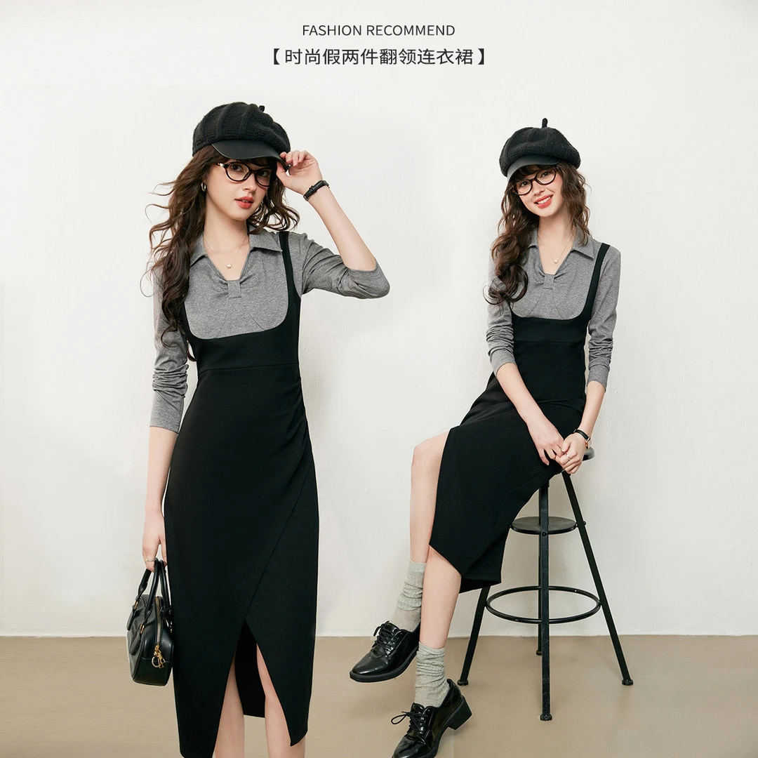 白鹿语25秋款休闲微弹长袖开叉翻领假两件翻领长裙连衣裙BL20174