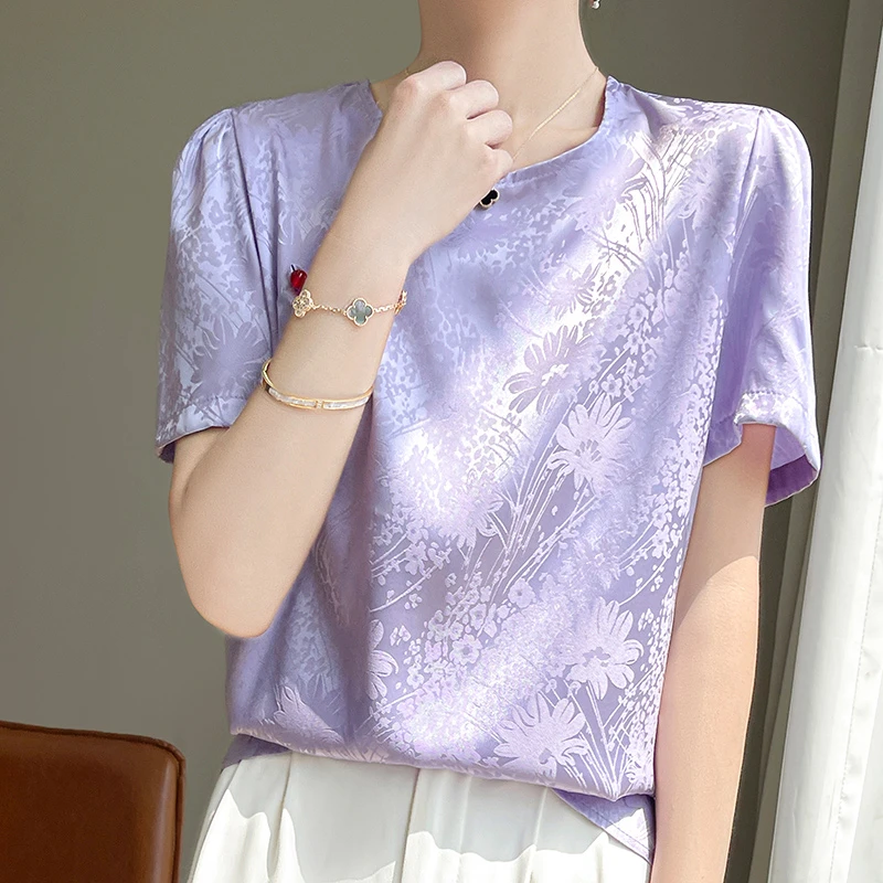 宽松显瘦圆领短袖缎面暗花纹理气质时尚百搭夏季提花半袖8097