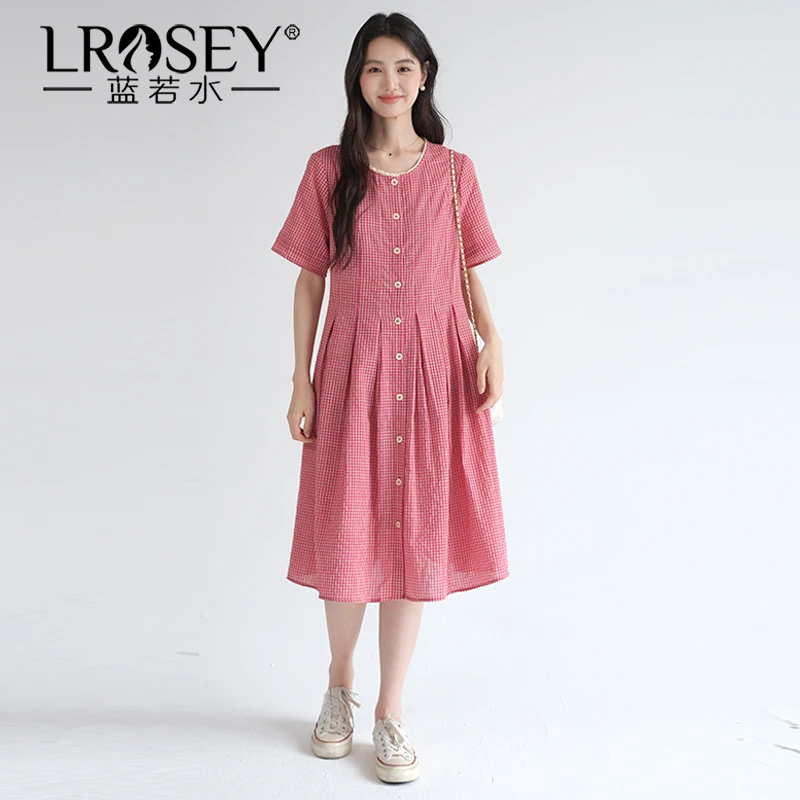 【复古全棉格纹连衣裙】大码女装夏新款收腰显瘦A字百褶裙0003