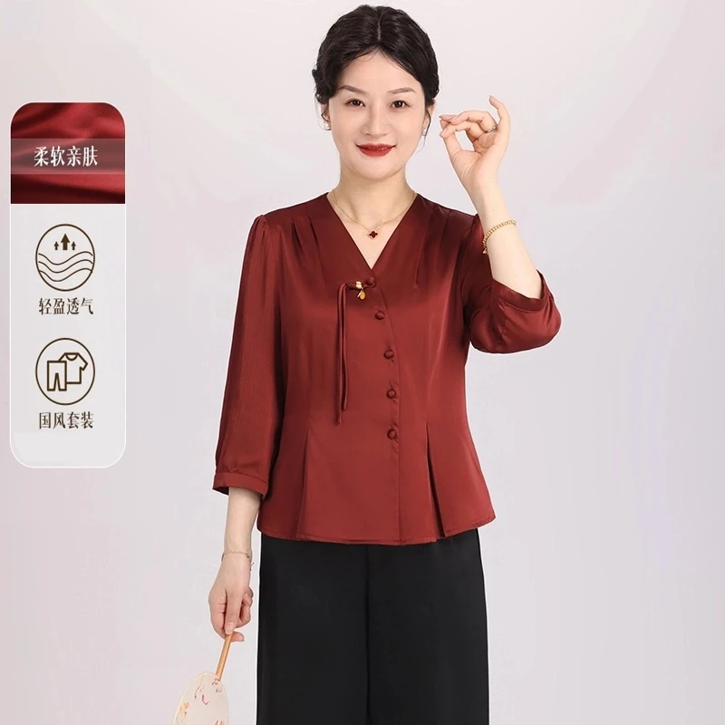 新中式妈妈夏装套装国风小衫两件套中老年女装春夏七分袖衬衫上衣
