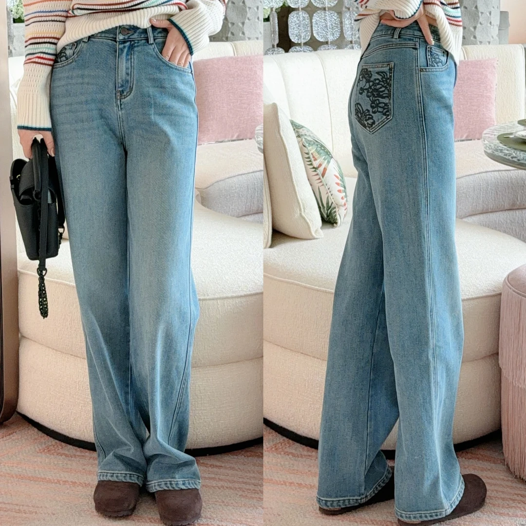 JDND轩羽【绣花加绒牛仔裤】刺绣显腿长减龄直筒牛仔裤XY25618