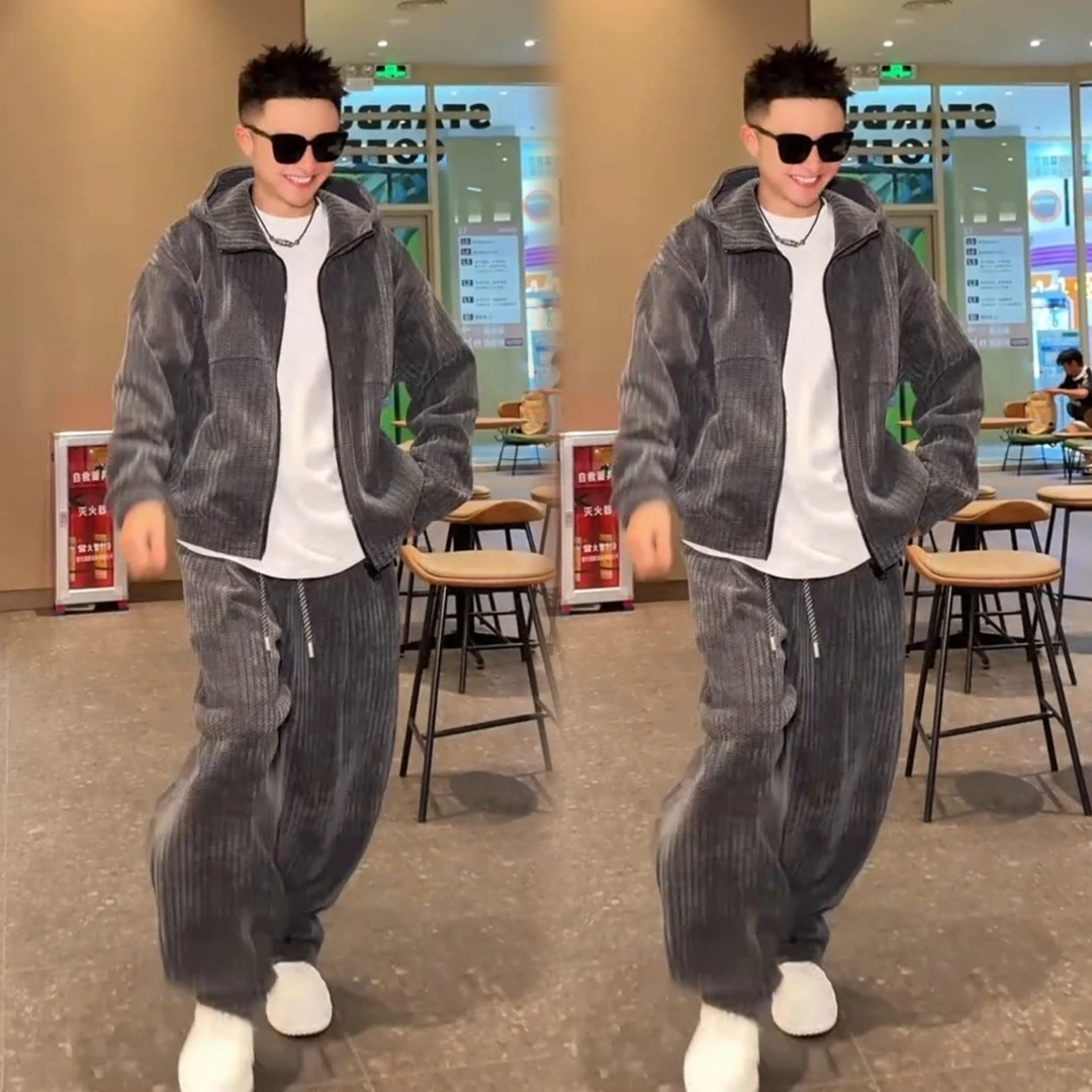开衫连帽卫衣卫裤套装男秋冬季加绒加厚银丝鱼骨纹休闲运动一套潮