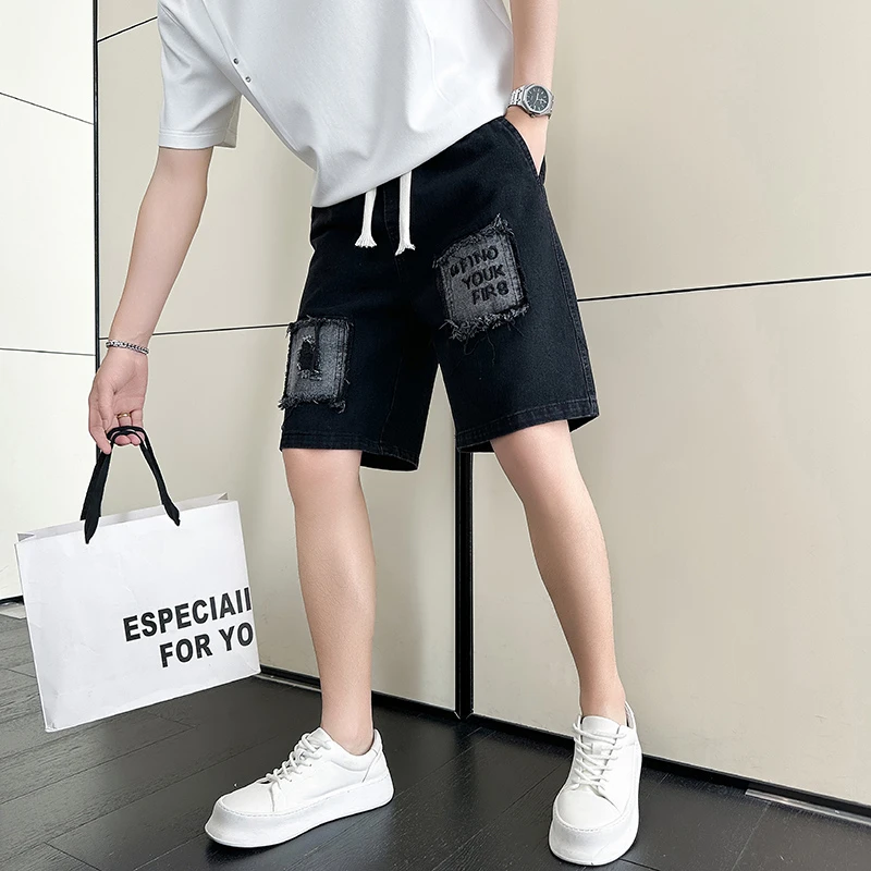 高级感贴布刺绣牛仔短裤男夏季潮牌薄款休闲裤2025新款直筒五分裤