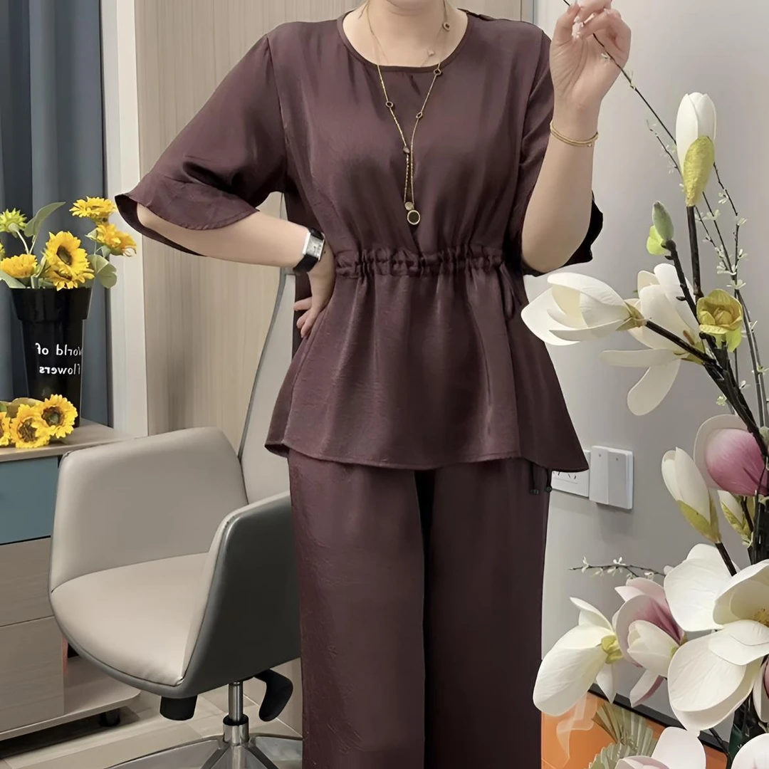 夏季时尚百搭宽松显瘦气质两件套女高贵妈妈遮肉潮流套装加阔腿裤