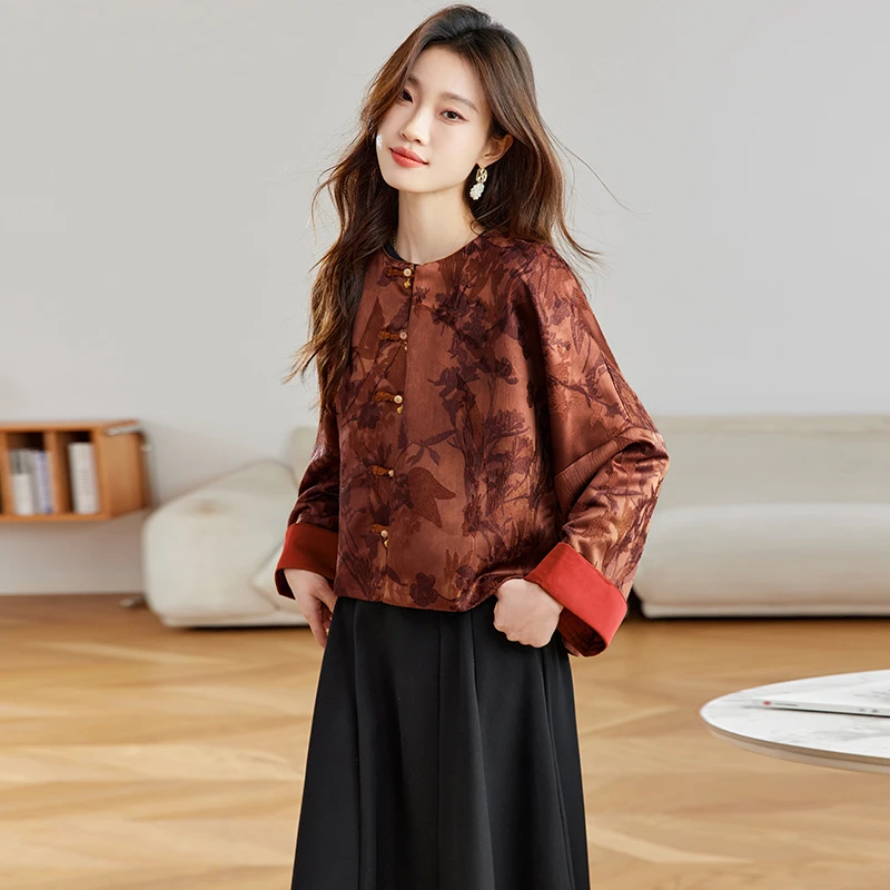 新中式国风外套女春秋轻奢高级感超好看缎面开衫复古印花唐装上衣
