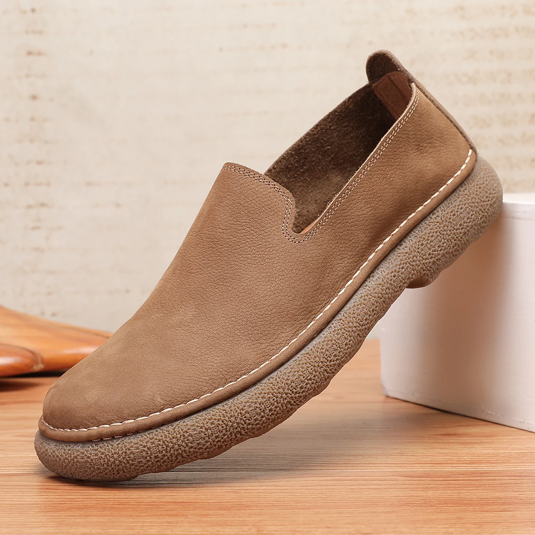 2025新款透气耐磨厚底简约复古休闲皮鞋磨砂软底乐福头层牛皮男鞋