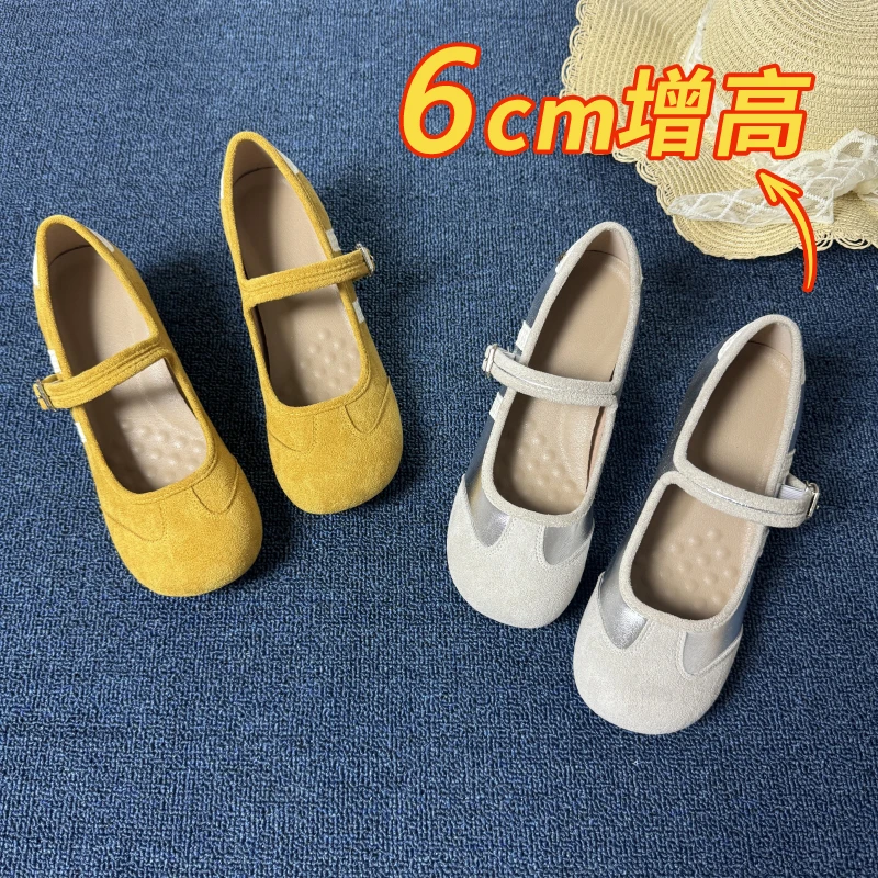 6cm小个子内增高一字带玛丽珍鞋女2025新款夏仙女风粗跟浅口单鞋
