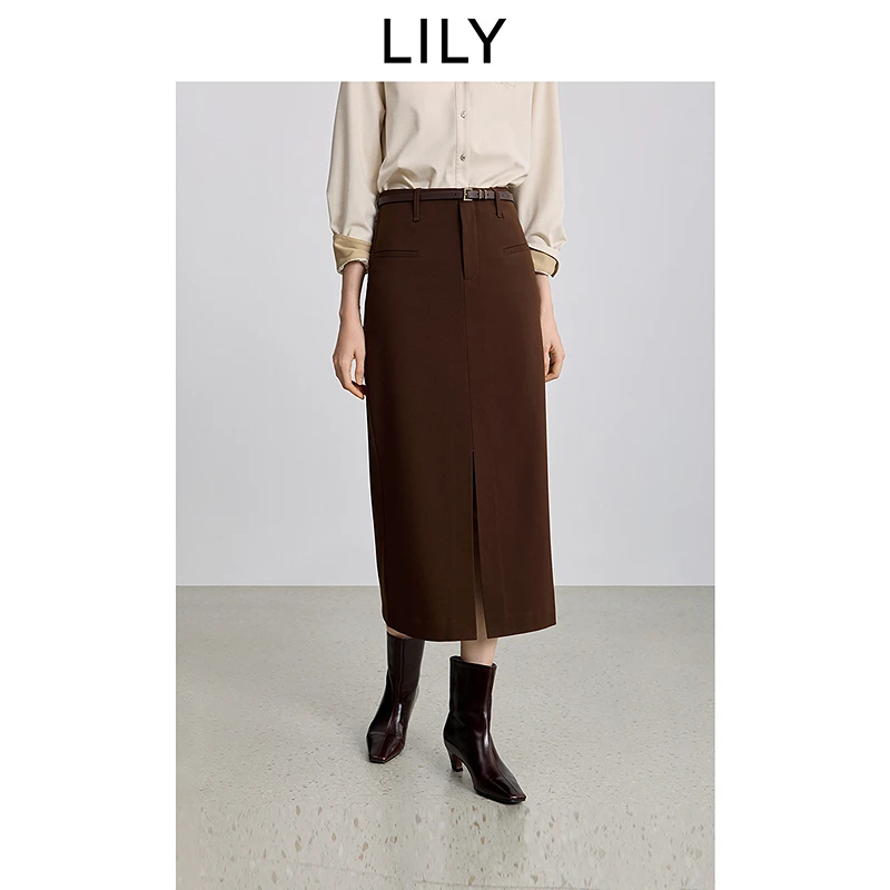 LILY2025冬新款女装含羊毛复古磨毛棕色半身裙直筒裙125419C6230