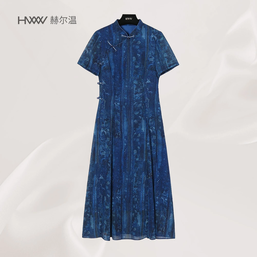 【赫尔温】赫尔温设计款靛蓝纹时尚收腰显瘦连衣裙DHZCY50950