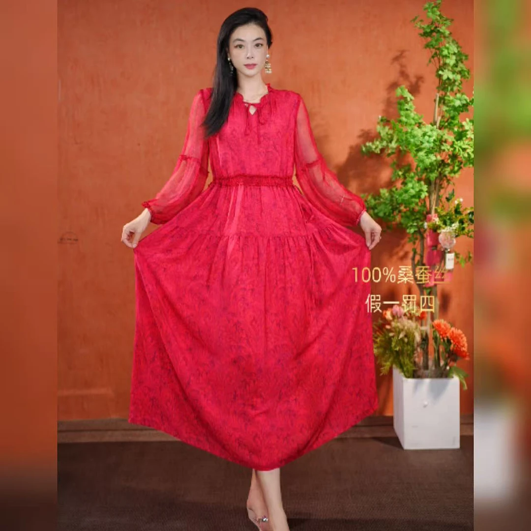 【多米拉】06925红色旋律桑蚕丝连衣裙显瘦长裙复古风