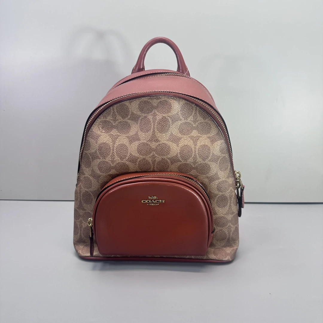 95新 COACH/蔻驰 红棕老花小号双肩包22X26X10cmL122412