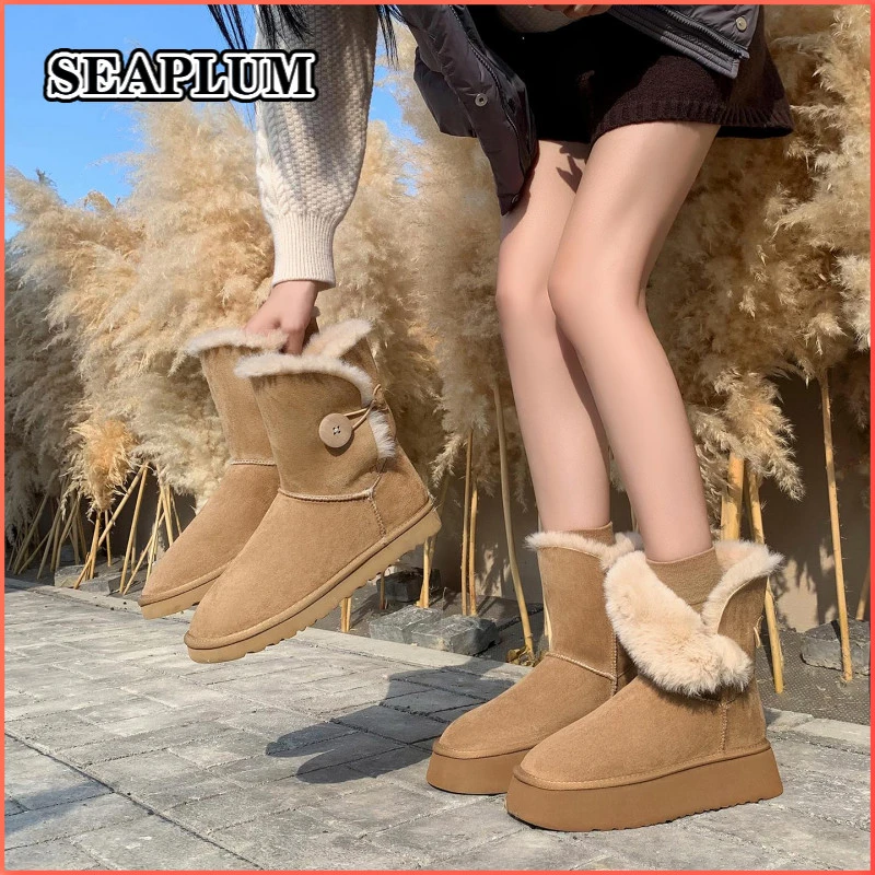 SEAPLUM雪地靴女短靴圆头平底磨砂新款冬季防滑松糕厚底加绒保暖