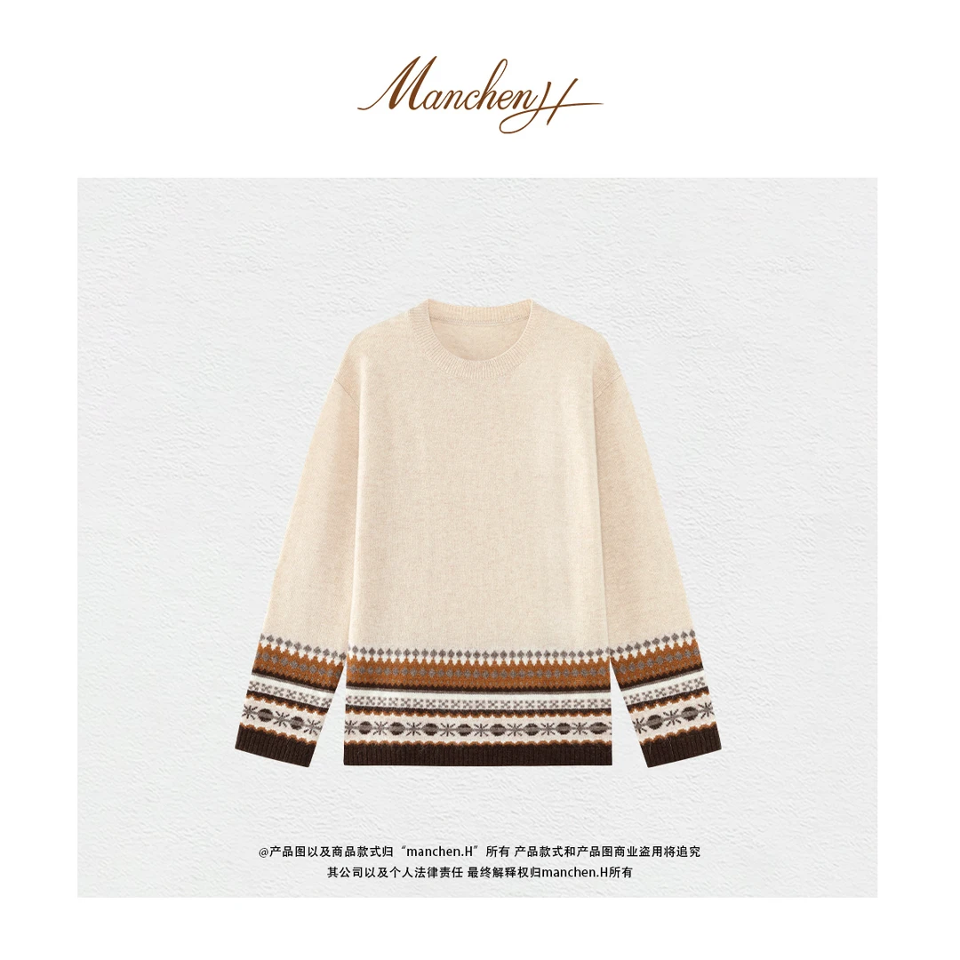 曼辰manchenh"挪威神话"唯1对版纱牦牛绒混纺提花费尔岛针织上衣