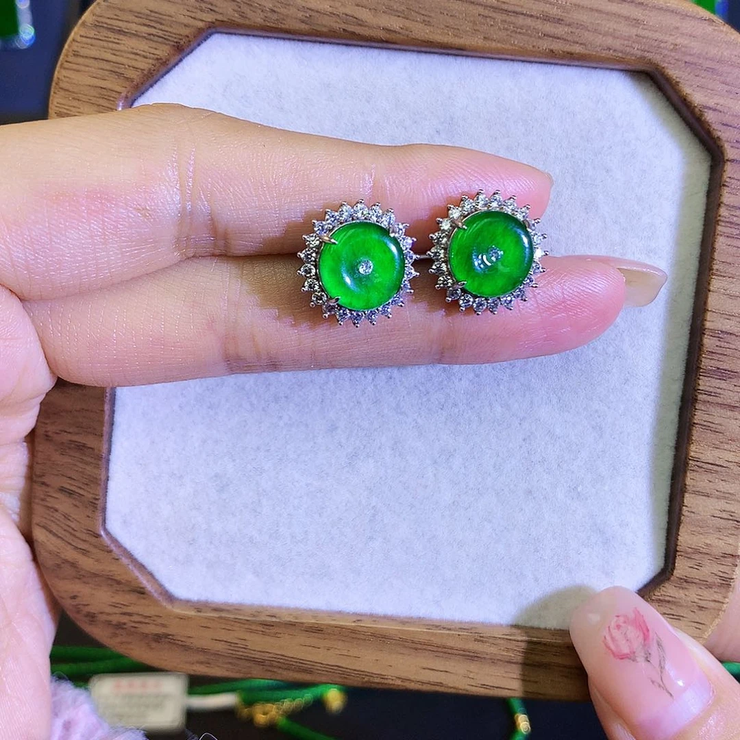 翡翠耳饰银S925镶嵌天然翡翠平安扣耳钉