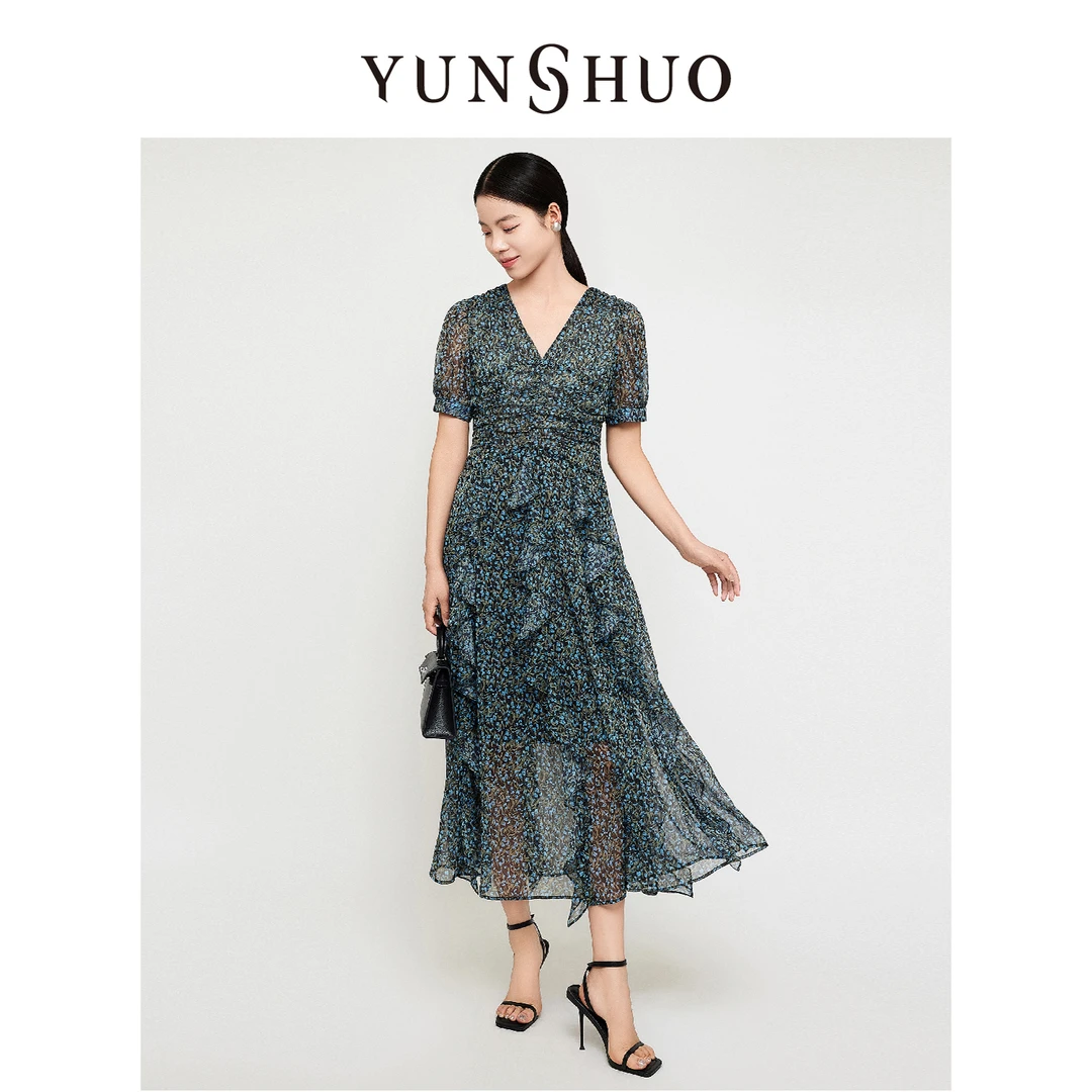 允硕夏季新品时尚碎花印花V领气质休闲女装收腰显瘦连衣裙569354