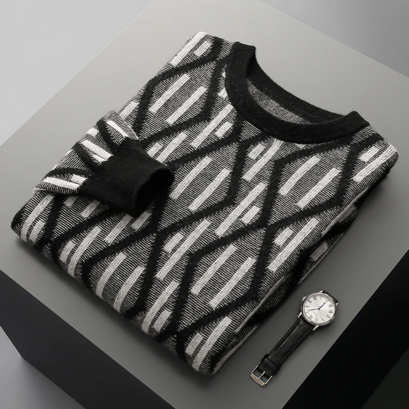 洛尼提日亚秋冬新款纯羊毛衫男圆领撞色加厚毛衣宽松时尚针织打底