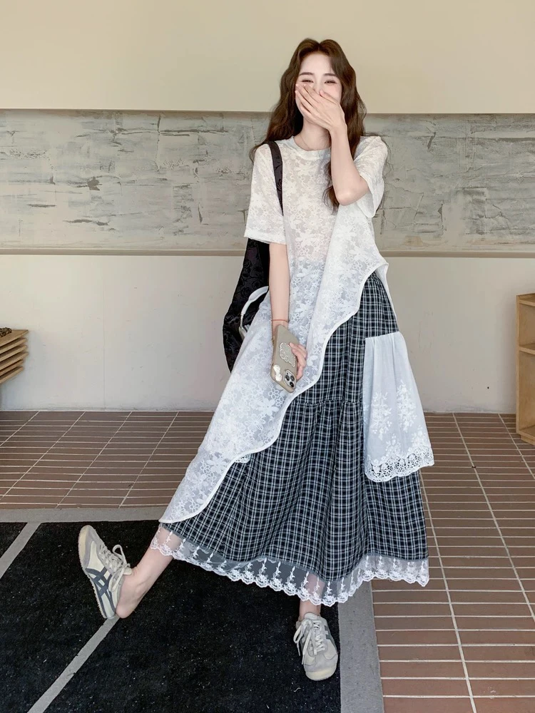 韩系蕾丝不规则长T叠穿半身裙吊带背心三件套夏日绝美慵懒套装