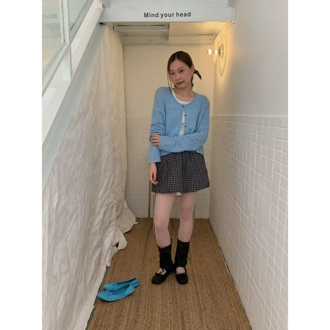 653110#韩系小众百搭格纹花苞半身裙