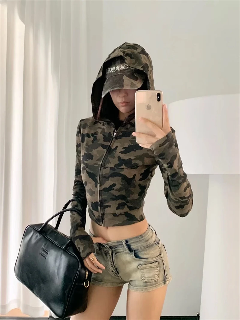 【悦己】美式街头风连帽拉链长袖开衫外套女小众辣妹修身迷彩上衣