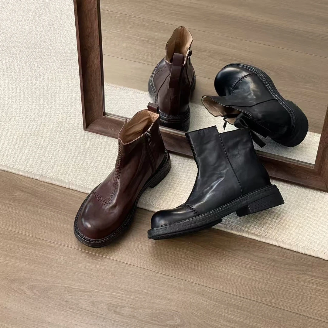 HUSSLOVE 头层牛皮·跟高4CM·复古英伦风圆头时尚百搭短靴