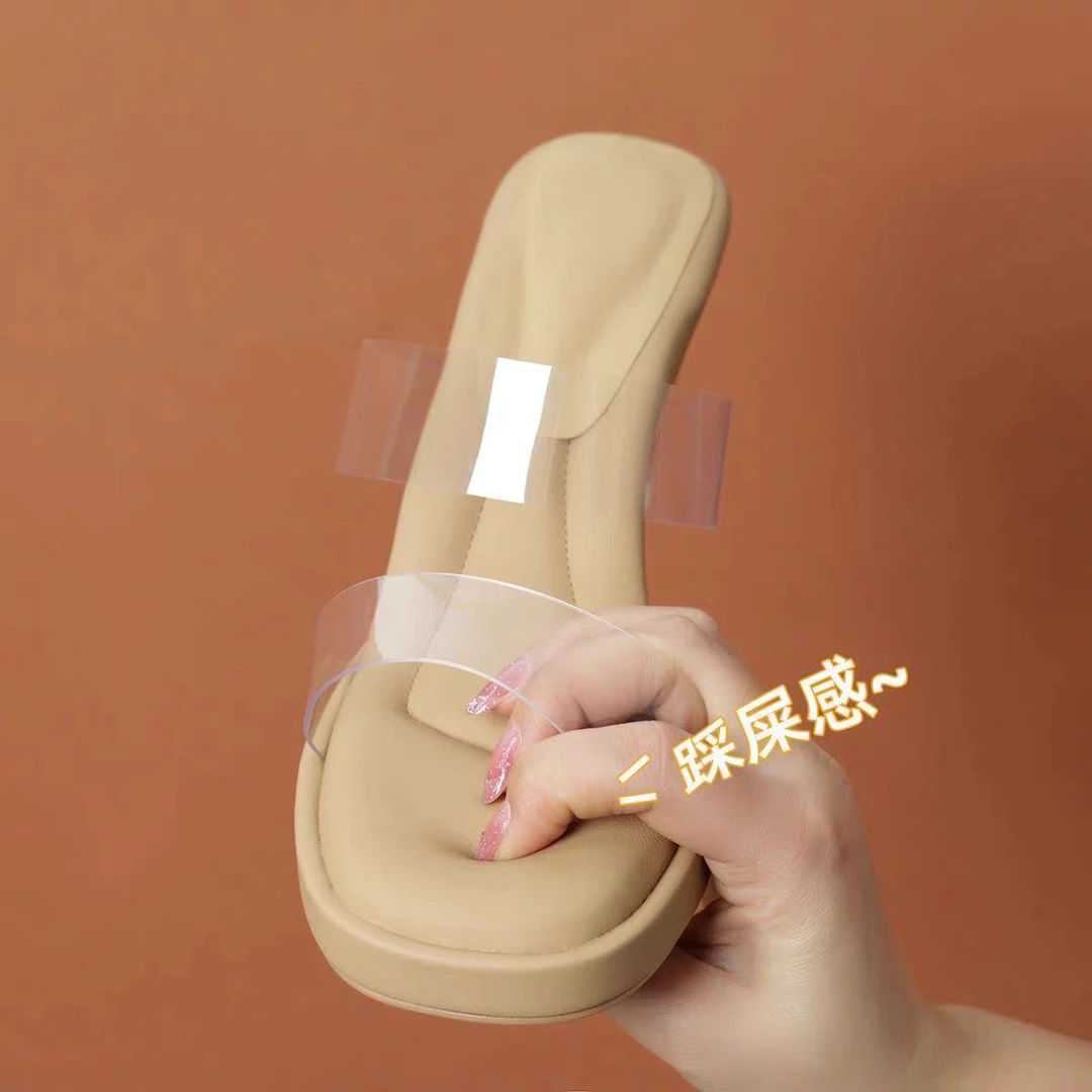 法式百搭粗跟高跟凉托鞋女夏防水台外穿透明踩屎感一字拖34-42码