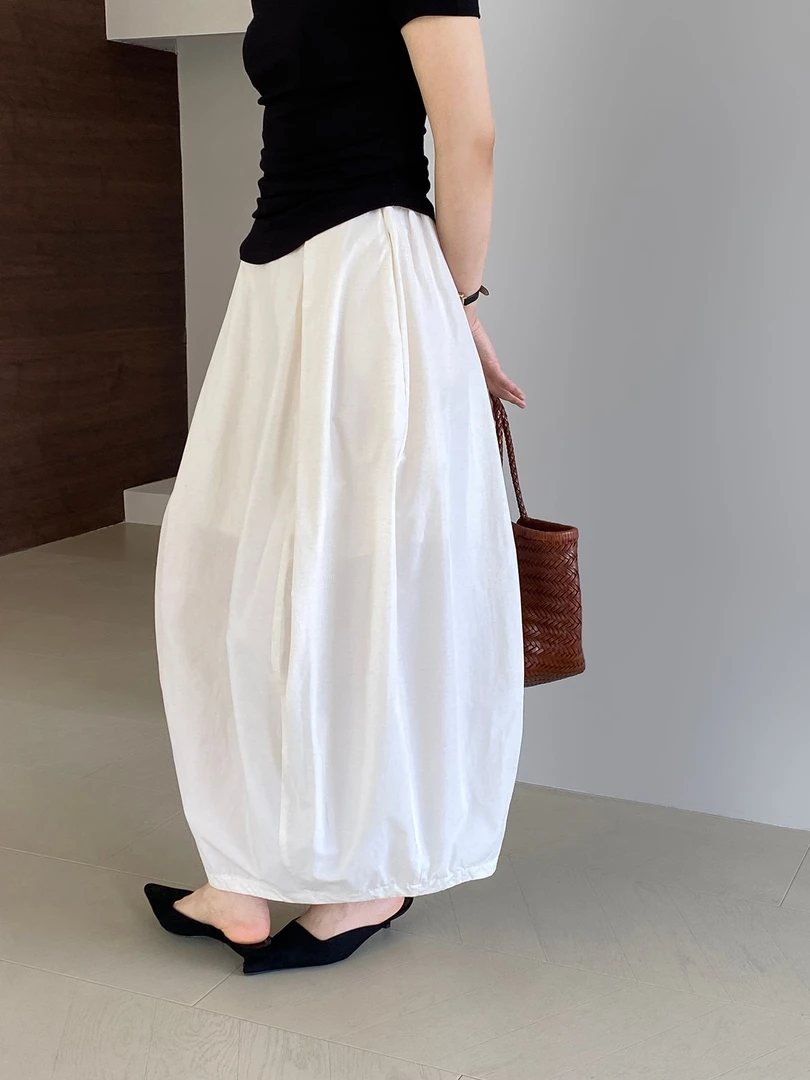 【Oh‘BUY 】 小众棉麻花苞半身裙显瘦米白色后开叉夏款郁金香型1368