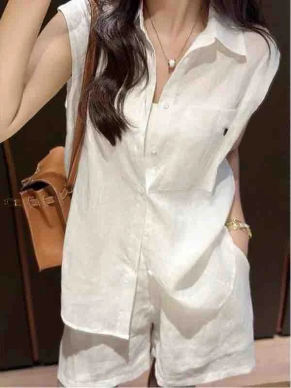 8228刺绣无袖衬衫搭配短裤女宽松简约气质套装