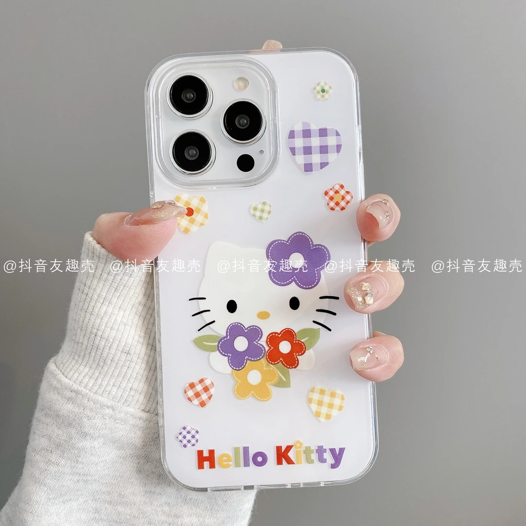 适用于苹果16手机壳新款华为vivo小米oppoIMD奶油壳格纹花凯蒂潮