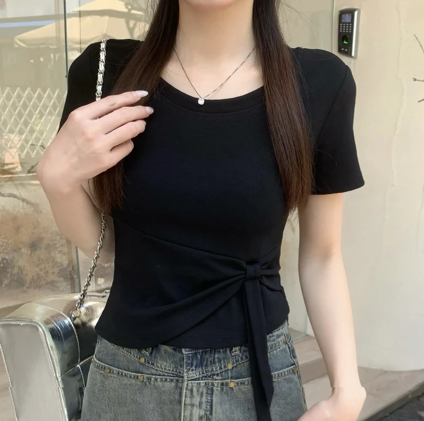 夏季新款 不规则设计感绑带显瘦小众短款T恤百搭上衣