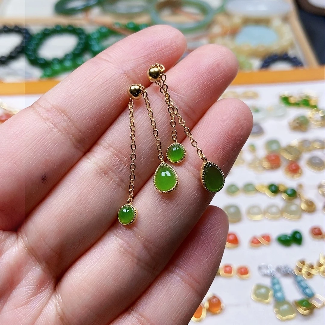 和田玉耳饰银S925镶嵌