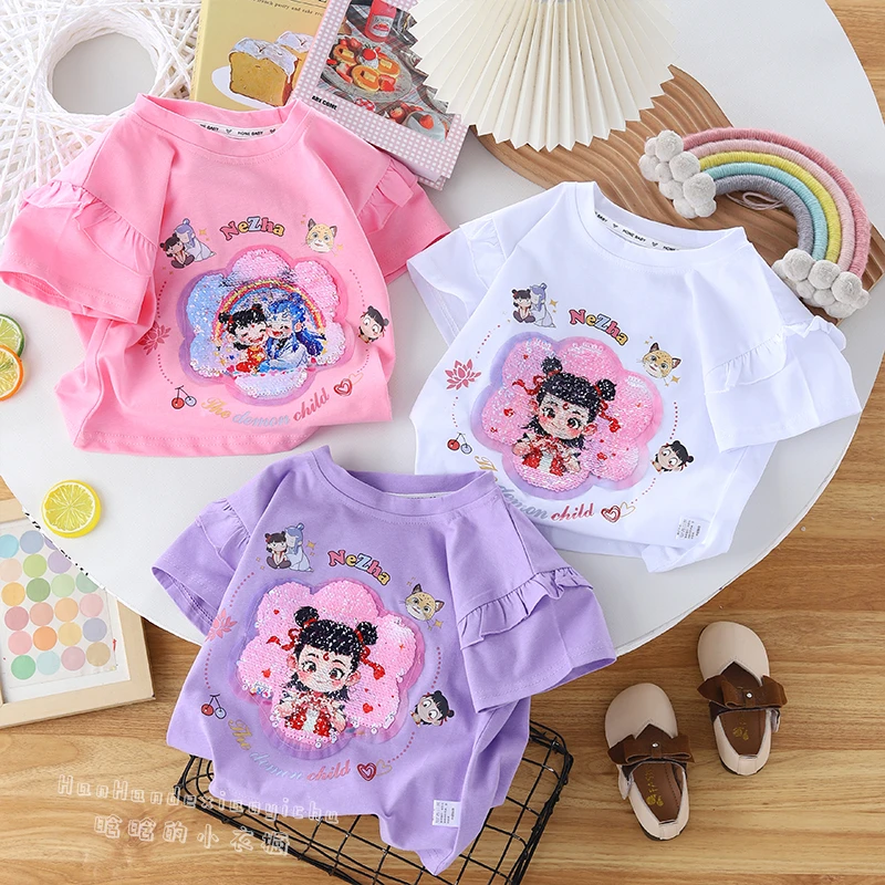 儿童纯棉短袖哪吒花边亮片变色半袖女童甜美洋气宽松T恤防蚊裤