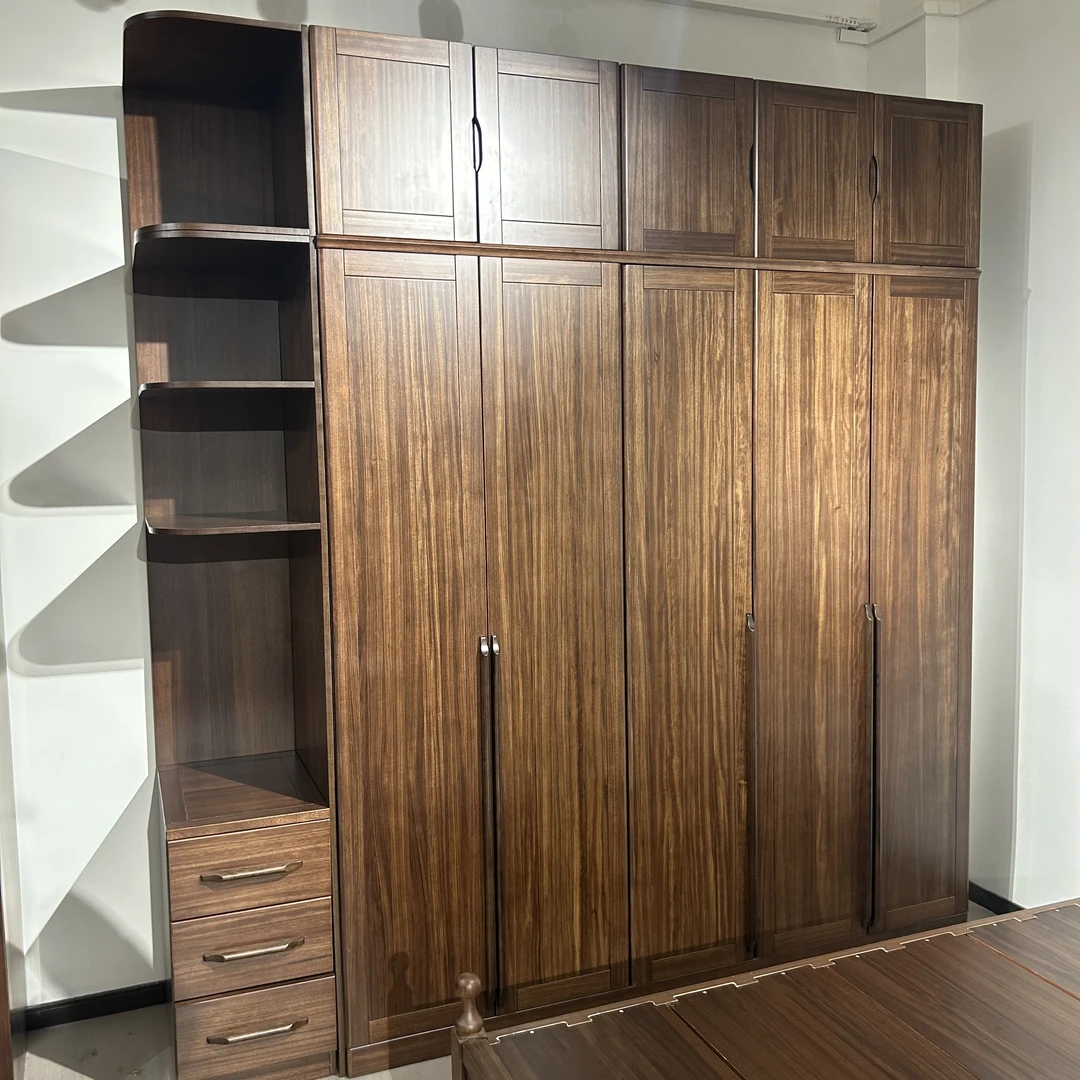 黑胡桃木衣柜家用主卧储物柜实木简易衣柜六门木质木质衣橱W106