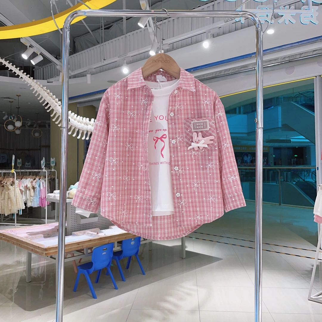 MOMOCO/玛米玛卡秋季女童洋气格子满印蝴蝶结衬衫77730234001