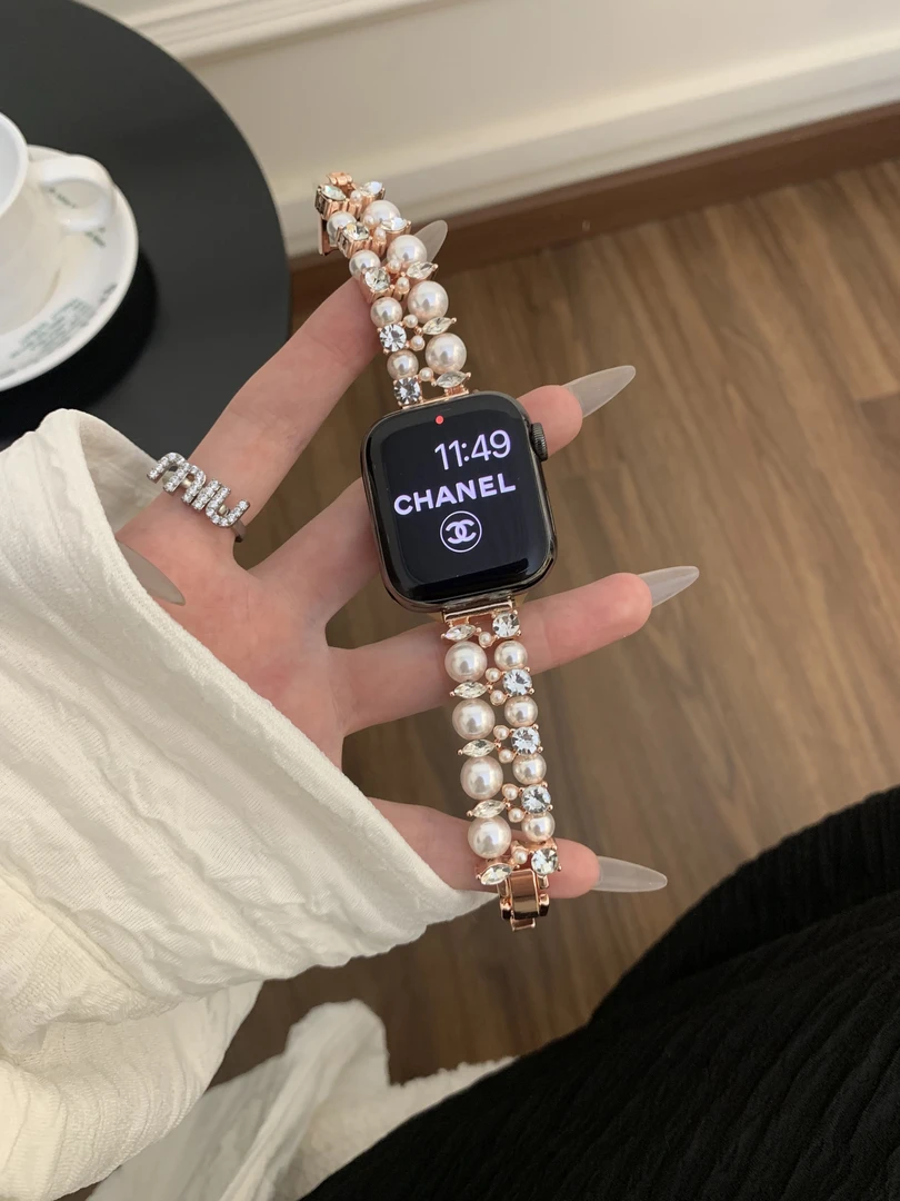 双排珍珠镶钻金属表带适用苹果appleiWatch10s9s8s76高级感女se21