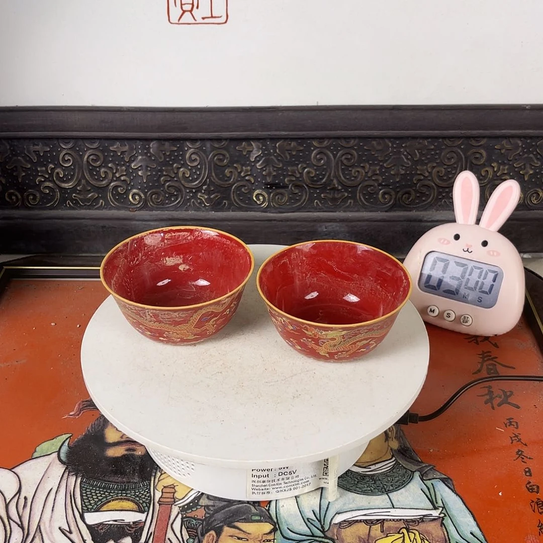 摆件藏*红釉龙杯摆件茶具