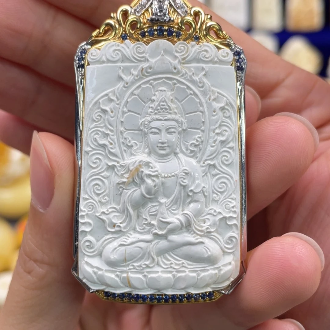 蜜蜡裸石18K金镶嵌琥珀蜜蜡雕刻观音