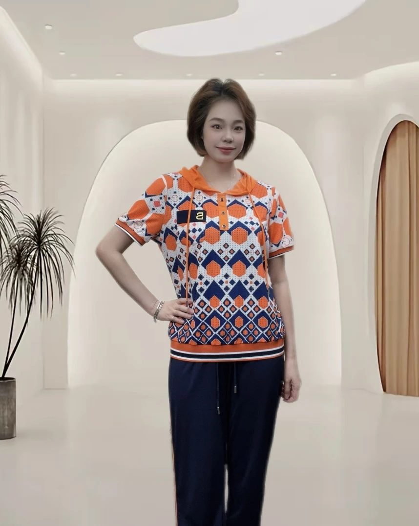 25年蓝色时尚潮流洋气显瘦大码气质套装减龄宽松百搭夏季女士短袖